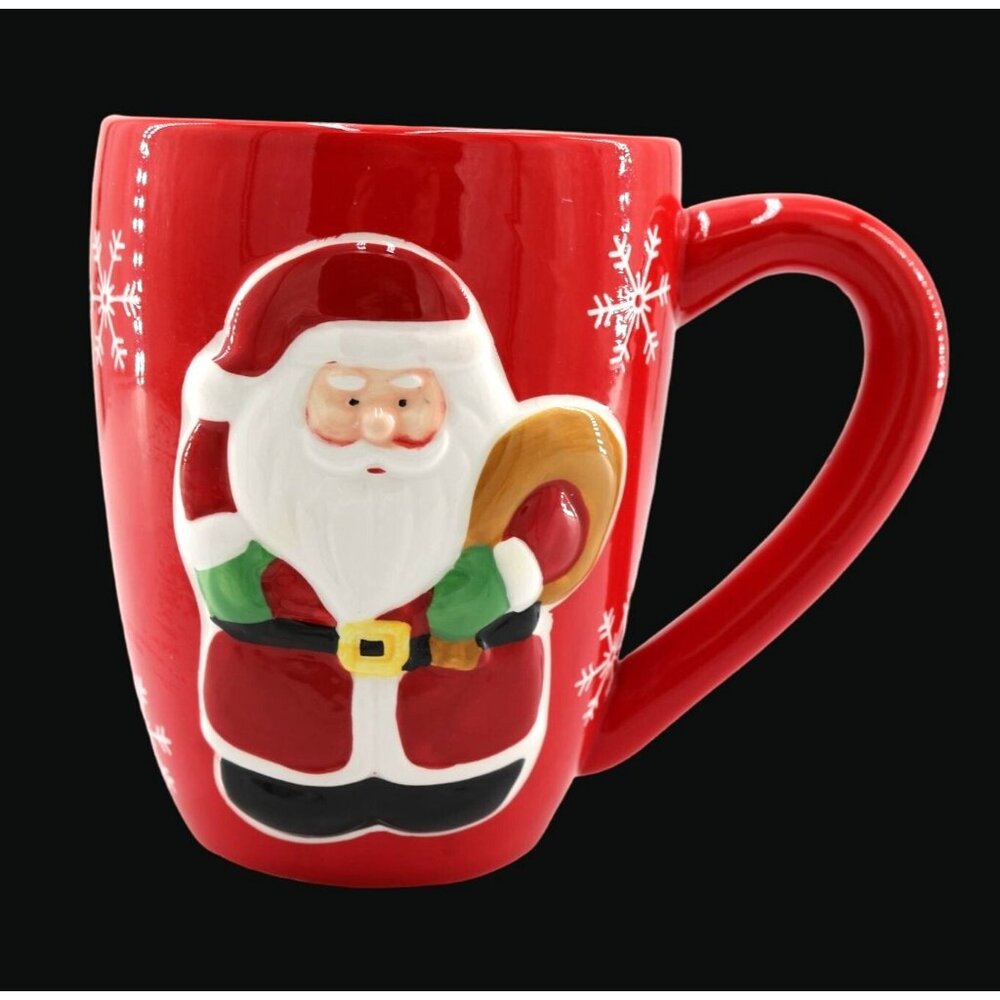 Santa Mug.  Adorable 3D Santa With His Bag.  Bright Red with White Snowflakes